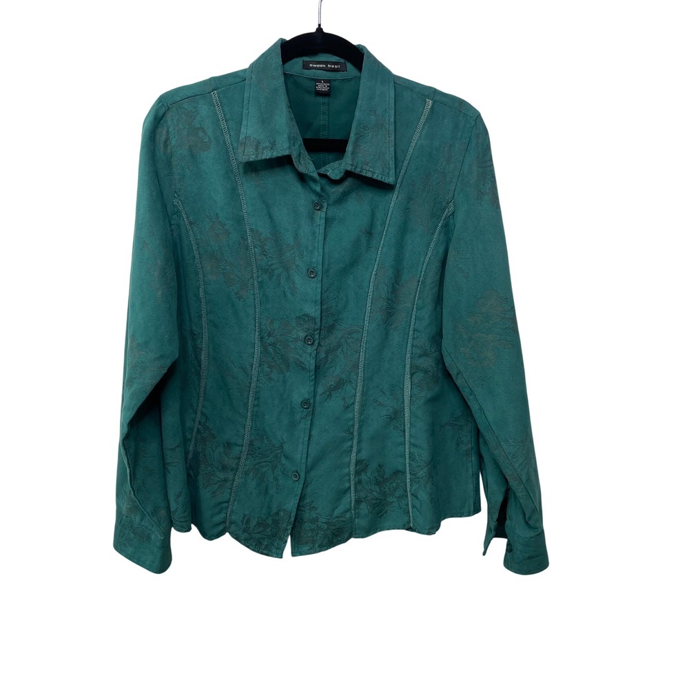 Womens Faux Suede Floral‎ Button Down Shirt Forest Green L Cowgirl Boho Festival